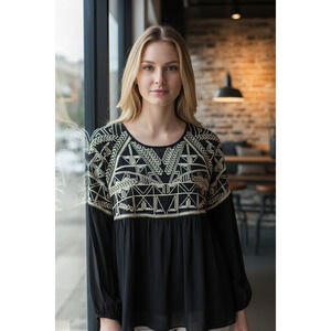 4610) Sundance Black Cream Embroidery Silk Aztec Peasant Southwest Blouse Small